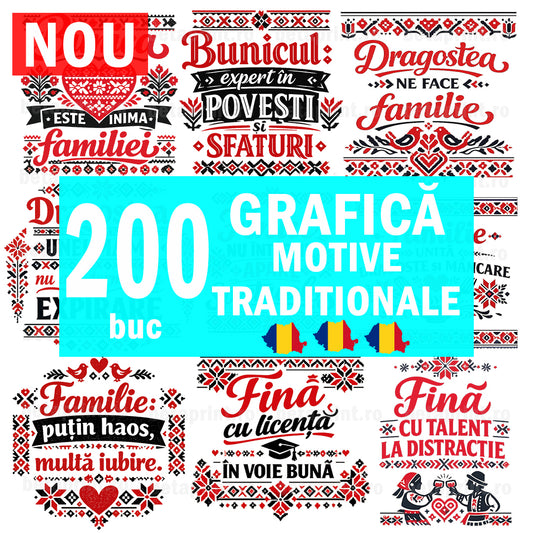 Set 200 Grafici Motive Tradiționale Românești – PNG pentru Produse Personalizate | Căni, Tricouri, Perne & Print