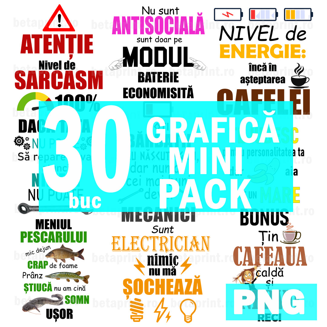Mini Pack 30 Grafici Mix – PNG pentru Produse Personalizate | Căni, Tricouri, Perne