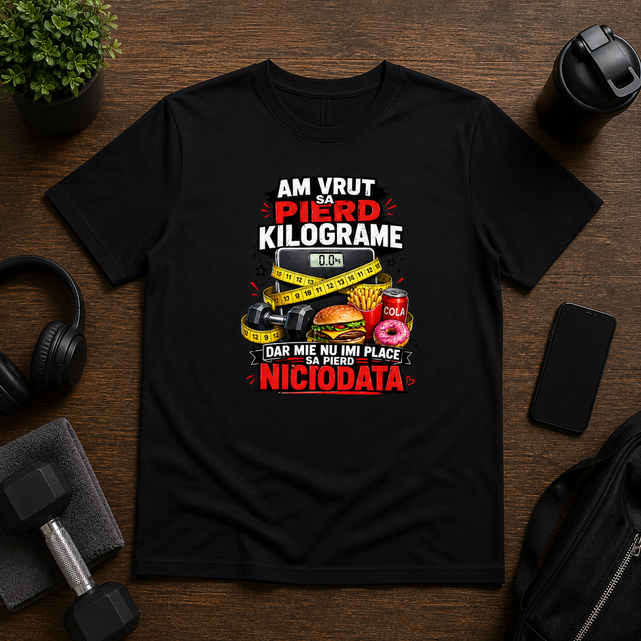 Tricou personalizat cu mesaj:"Am vrut sa pierd kilograme dar mie nu imi place sa pierd niciodata", bumbac 100%