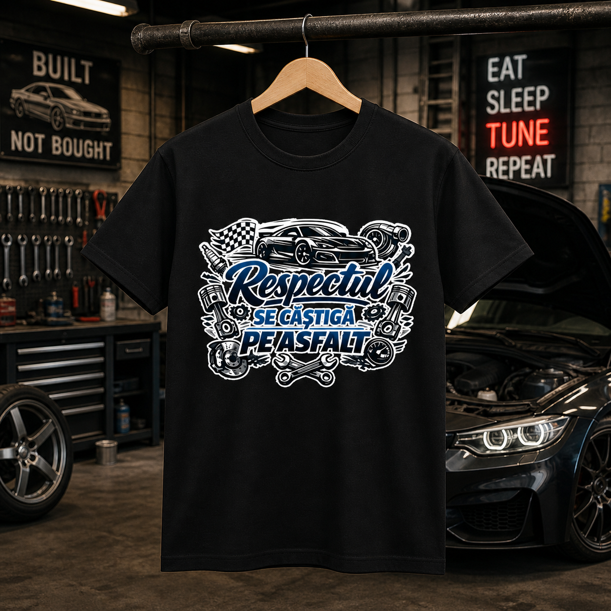 Tricou personalizat cu mesaj:"Respectul se castiga pe asfalt", pasionati auto, bumbac 100%