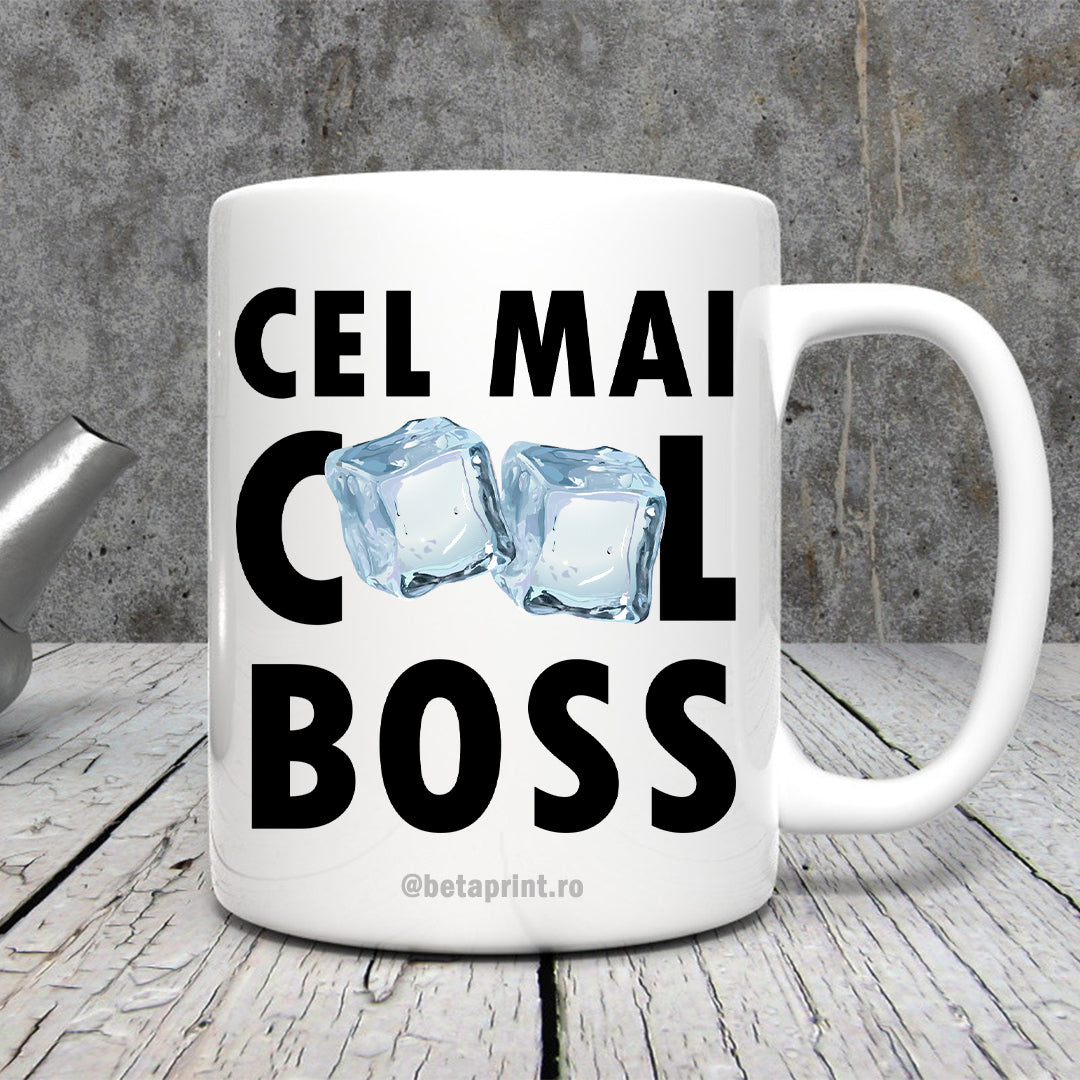 Cană cu mesaj: Cel mai cool boss, ceramică, albă