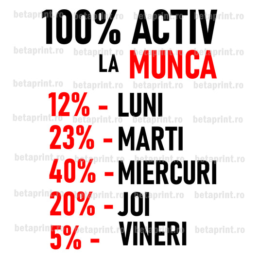 Grafică cu mesaj: 100% activ la munca – PNG pentru Produse Personalizate