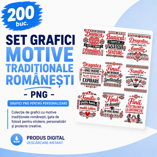 Set 200 Grafici Motive Tradiționale Românești – PNG pentru Produse Personalizate | Căni, Tricouri, Perne & Print