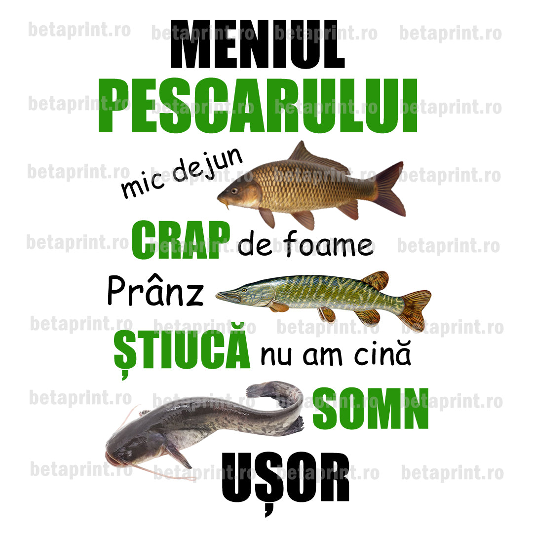Grafică cu mesaj: Meniul Pescarului – PNG pentru Produse Personalizate