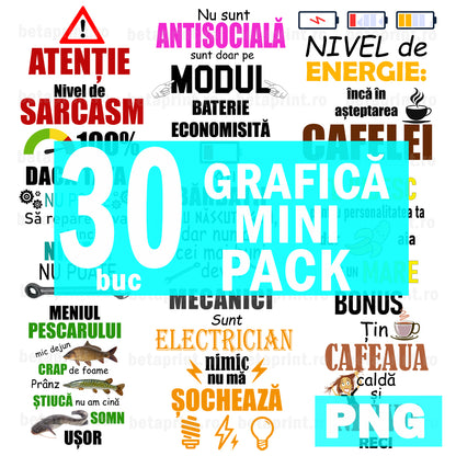 Mini Pack 30 Grafici Mix – PNG pentru Produse Personalizate | Căni, Tricouri, Perne & Stickere