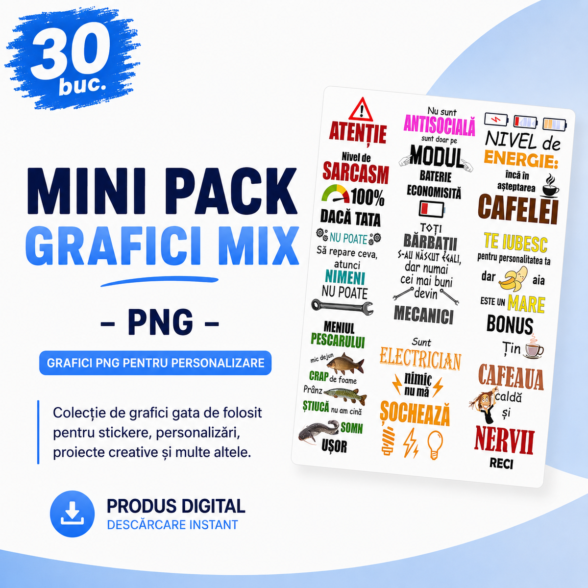 Mini Pack 30 Grafici Mix – PNG pentru Produse Personalizate | Căni, Tricouri, Perne & Stickere