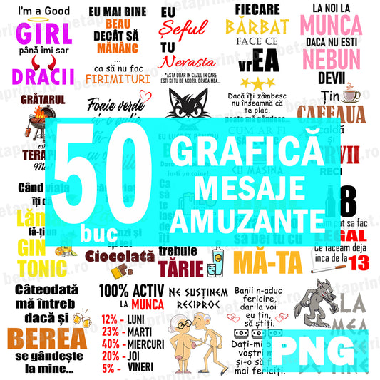 Set 50 Grafici Amuzante – PNG pentru Produse Personalizate (Căni, Tricouri, Perne)