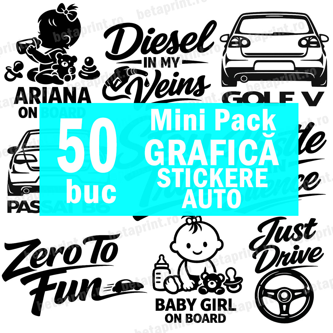 Starter Pack 50 buc Stickere Auto – Grafici PNG pentru Personalizare & Print | Mini Pack