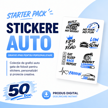 Starter Pack 50 buc Stickere Auto – Grafici PNG pentru Personalizare & Print | Mini Pack