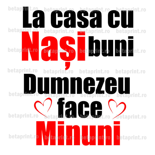 Grafică cu mesaj: La casa cu nași buni, Dumnezeu face minuni – PNG pentru Produse Personalizate