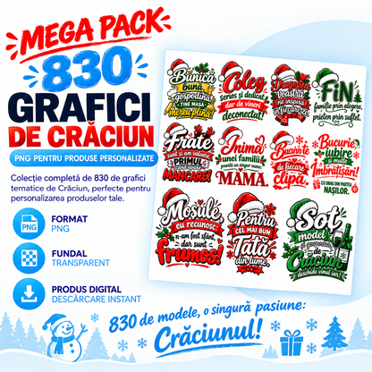 Mega Pack 830 Grafici de Crăciun – PNG pentru Produse Personalizate | Căni, Tricouri, Perne & Print