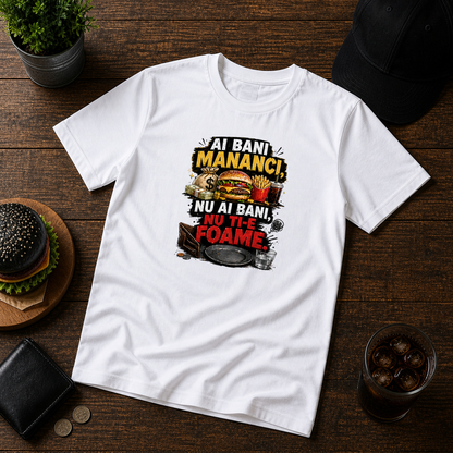 Tricou personalizat cu mesaj:"Ai bani mananci, nu ai bani, nu ti-e foame", bumbac 100%