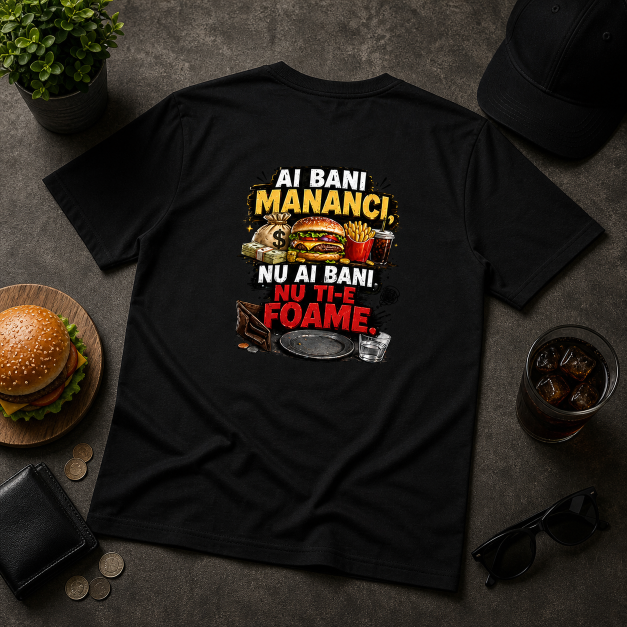 Tricou personalizat cu mesaj:"Ai bani mananci, nu ai bani, nu ti-e foame", bumbac 100%