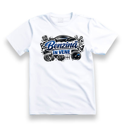 Tricou personalizat cu mesaj:"Benzina in vene", pasionati auto, bumbac 100%, alb