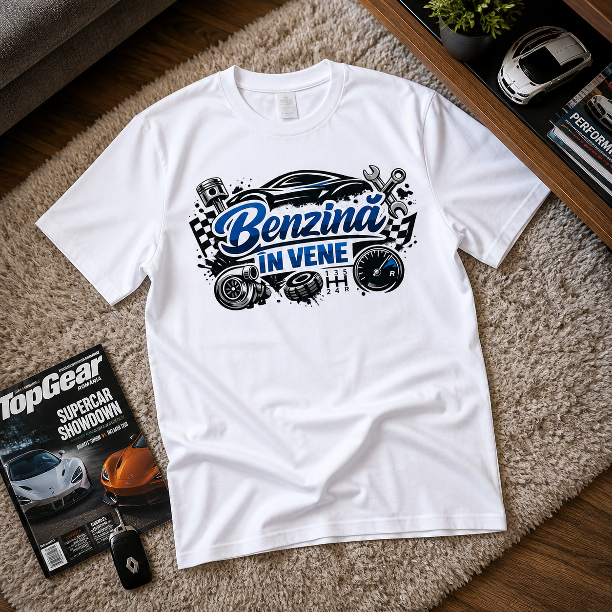 Tricou personalizat cu mesaj:"Benzina in vene", pasionati auto, bumbac 100%, alb