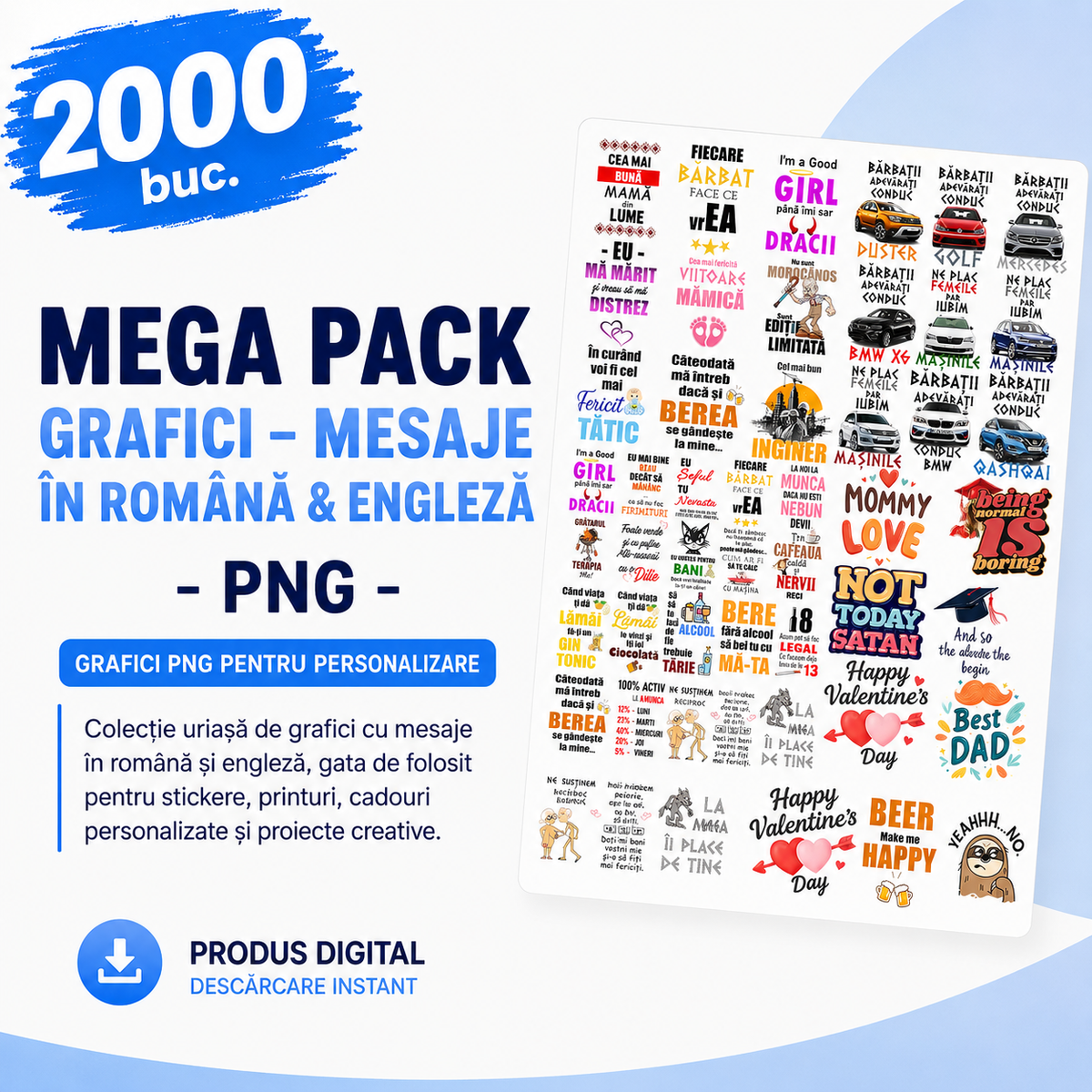 Mega Pack 2000 Grafici – Mesaje în Română & Engleză | PNG pentru Produse Personalizate
