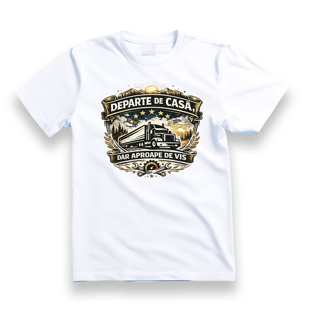 Tricou personalizat cu mesaj:"Departe de casa, dar aproape de vis alb", pasionati auto, bumbac 100%