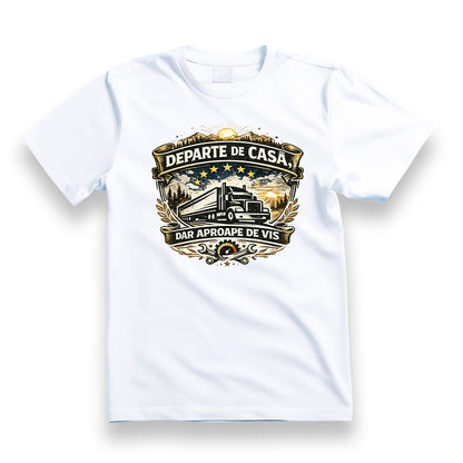 Tricou personalizat cu mesaj:"Departe de casa, dar aproape de vis alb", pasionati auto, bumbac 100%