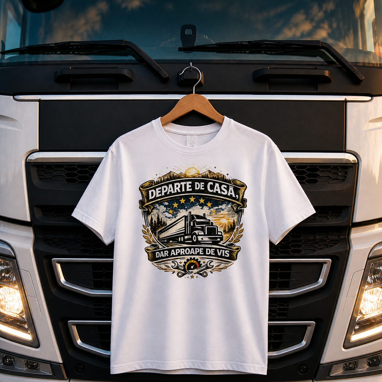 Tricou personalizat cu mesaj:"Departe de casa, dar aproape de vis alb", pasionati auto, bumbac 100%