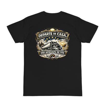 Tricou personalizat cu mesaj:"Departe de casa, dar aproape de vis alb", pasionati auto, bumbac 100%