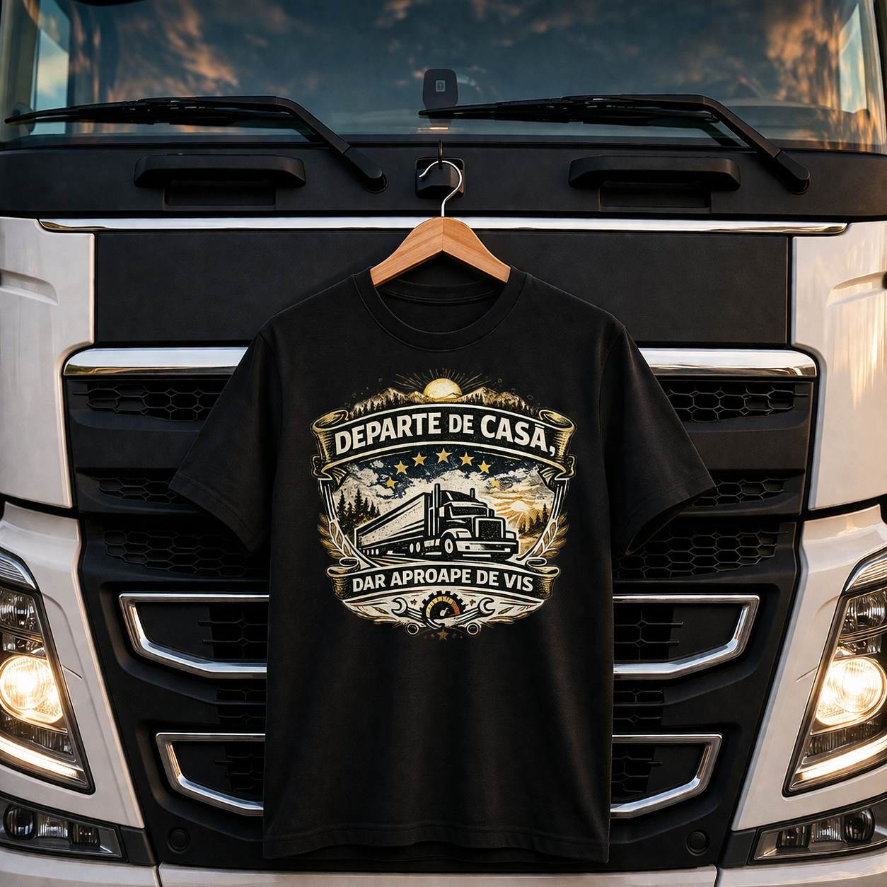 Tricou personalizat cu mesaj:"Departe de casa, dar aproape de vis alb", pasionati auto, bumbac 100%