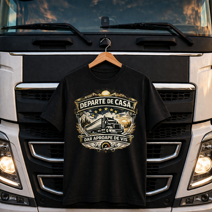 Tricou personalizat cu mesaj:"Departe de casa, dar aproape de vis alb", pasionati auto, bumbac 100%