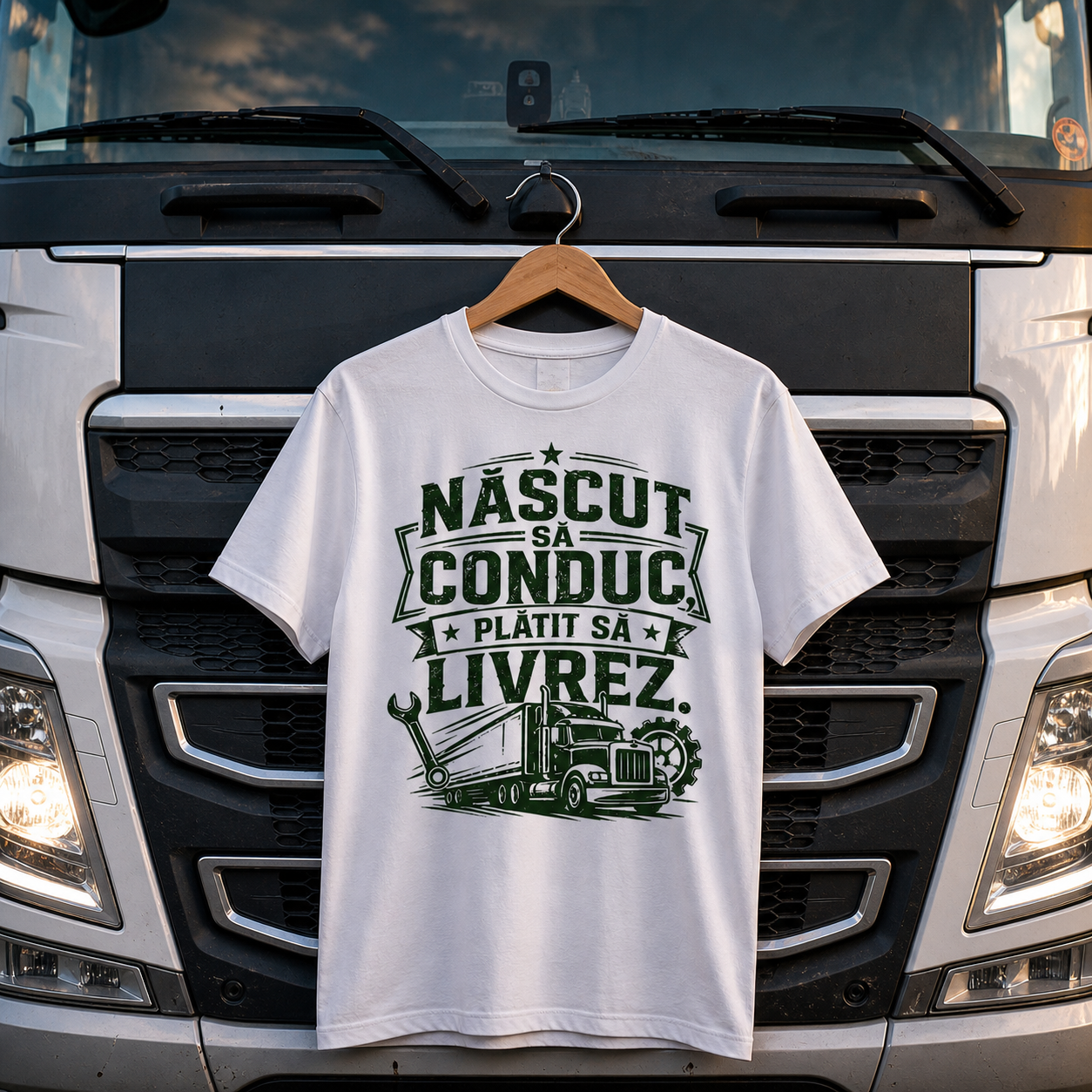 Tricou personalizat cu mesaj:"Nascut sa conduc, platit sa livrez", pasionati auto, bumbac 100%, alb