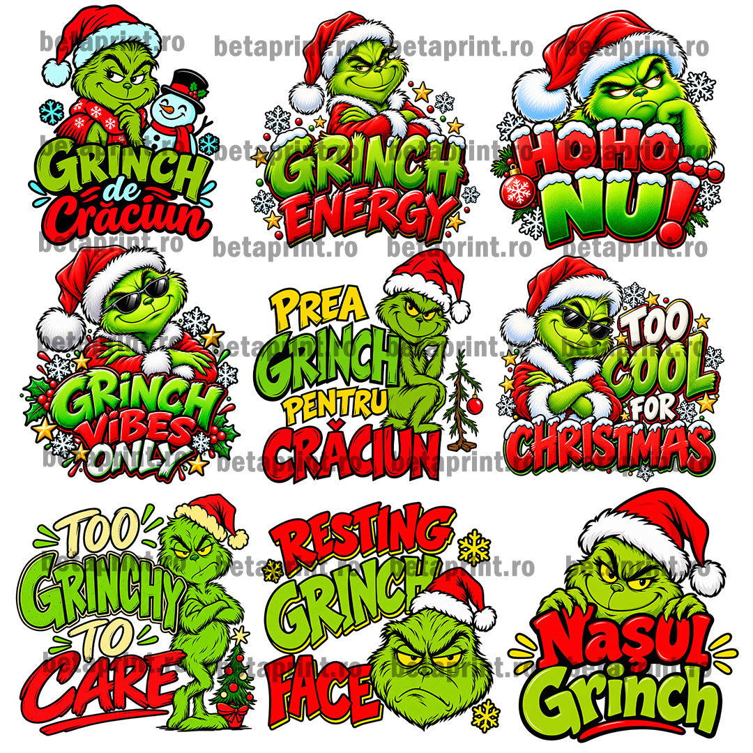 Set 128 Grafici Crăciun GRINCH – PNG pentru Produse Personalizate | Tricouri, Căni, Perne & Print
