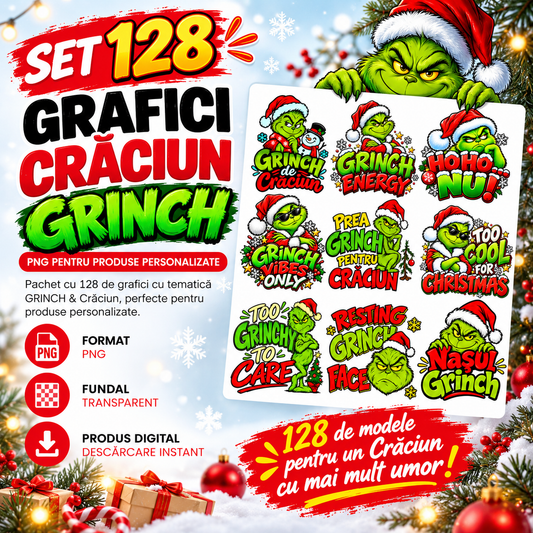 Set 128 Grafici Crăciun GRINCH – PNG pentru Produse Personalizate | Tricouri, Căni, Perne & Print