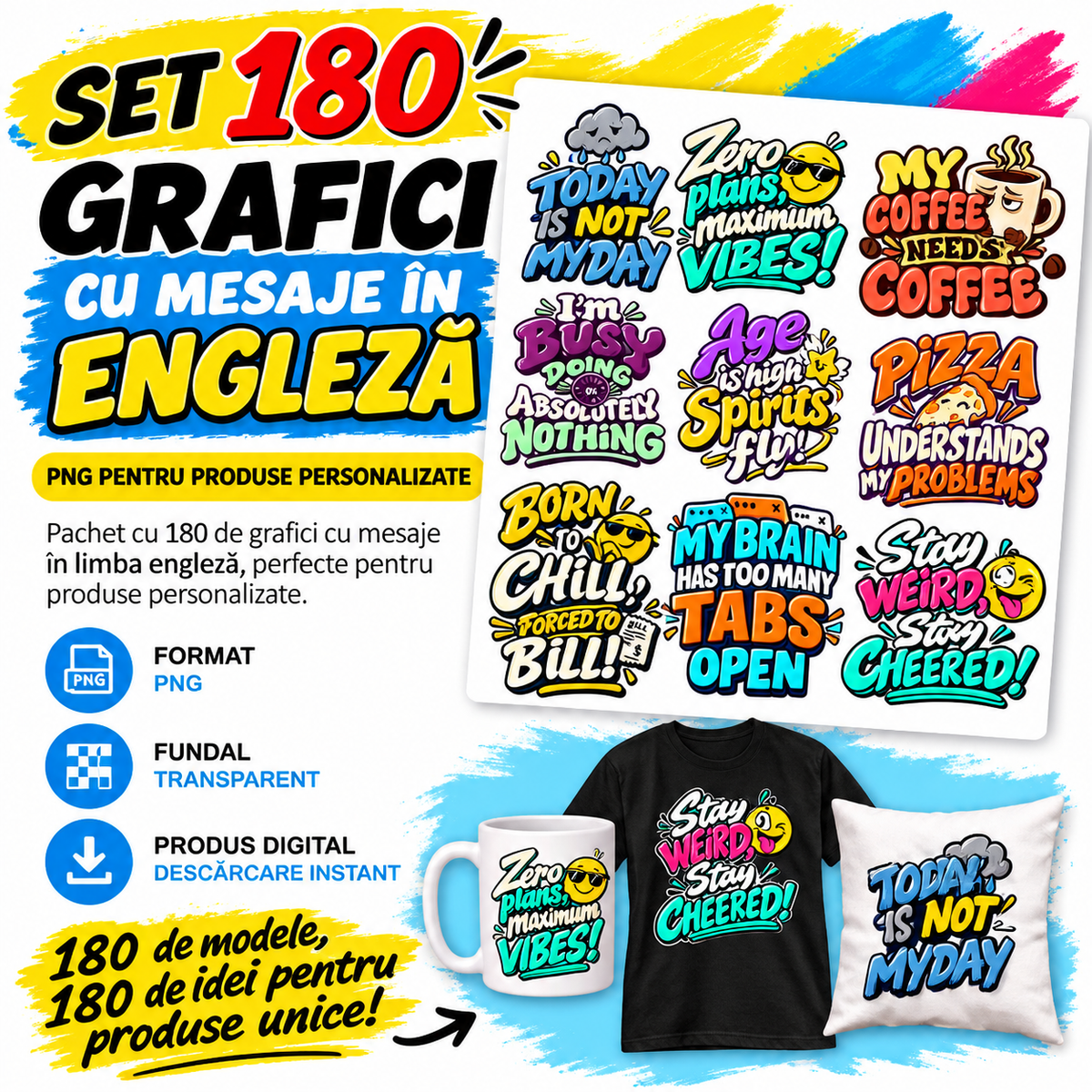 Set 180 Grafici cu Mesaje în Engleză – PNG pentru Produse Personalizate | Căni, Tricouri, Perne & Print