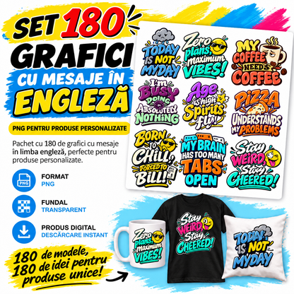 Set 180 Grafici cu Mesaje în Engleză – PNG pentru Produse Personalizate | Căni, Tricouri, Perne & Print