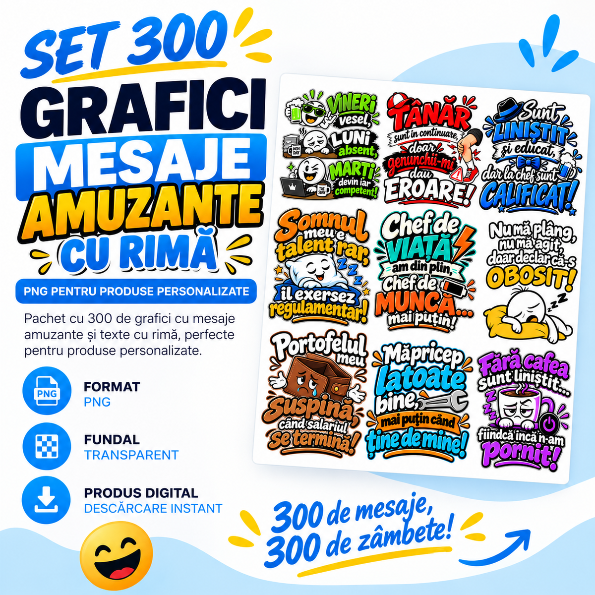 Set 300 Grafici Mesaje Amuzante cu Rimă – PNG pentru Produse Personalizate | Căni, Tricouri, Perne & Print