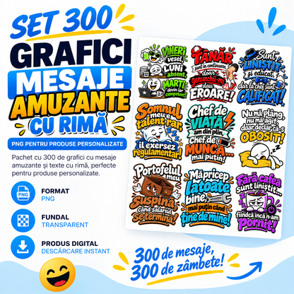 Set 300 Grafici Mesaje Amuzante cu Rimă – PNG pentru Produse Personalizate | Căni, Tricouri, Perne & Print