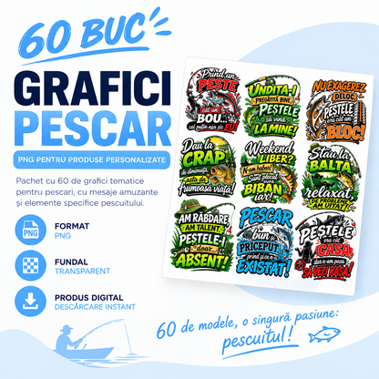 Set 60 Grafici Pescar – PNG pentru Produse Personalizate | Căni, Tricouri, Perne & Print