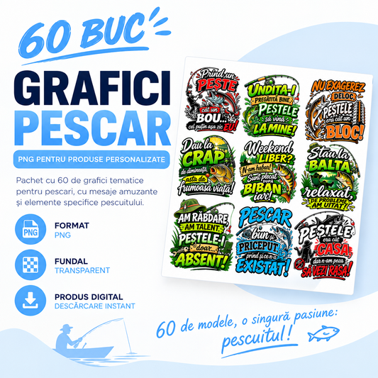 Set 60 Grafici Pescar – PNG pentru Produse Personalizate | Căni, Tricouri, Perne & Print