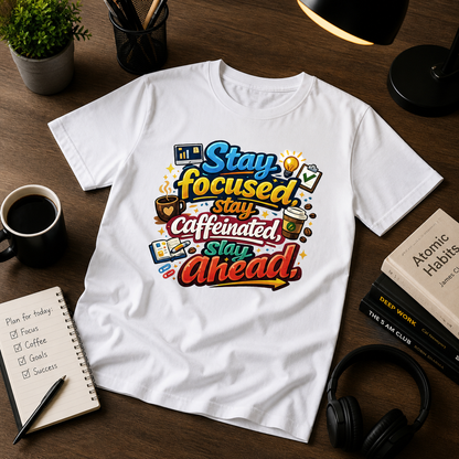 Tricou personalizat cu mesaj:"Stay focused, stay caffeinated, stay ahead ", bumbac 100%