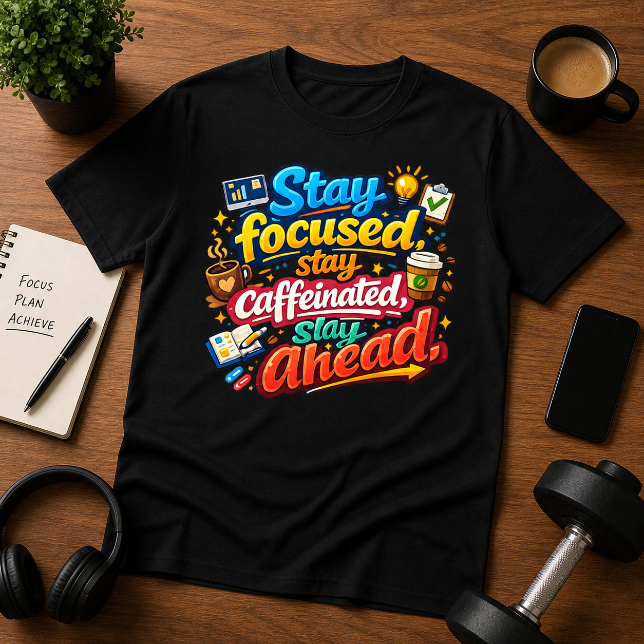 Tricou personalizat cu mesaj:"Stay focused, stay caffeinated, stay ahead ", bumbac 100%