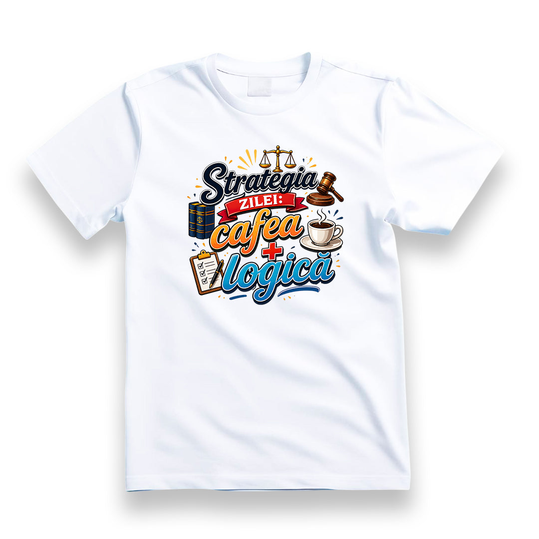 Tricou personalizat cu mesaj:"Strategia zilei cafea + logica ", bumbac 100%