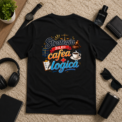 Tricou personalizat cu mesaj:"Strategia zilei cafea + logica ", bumbac 100%