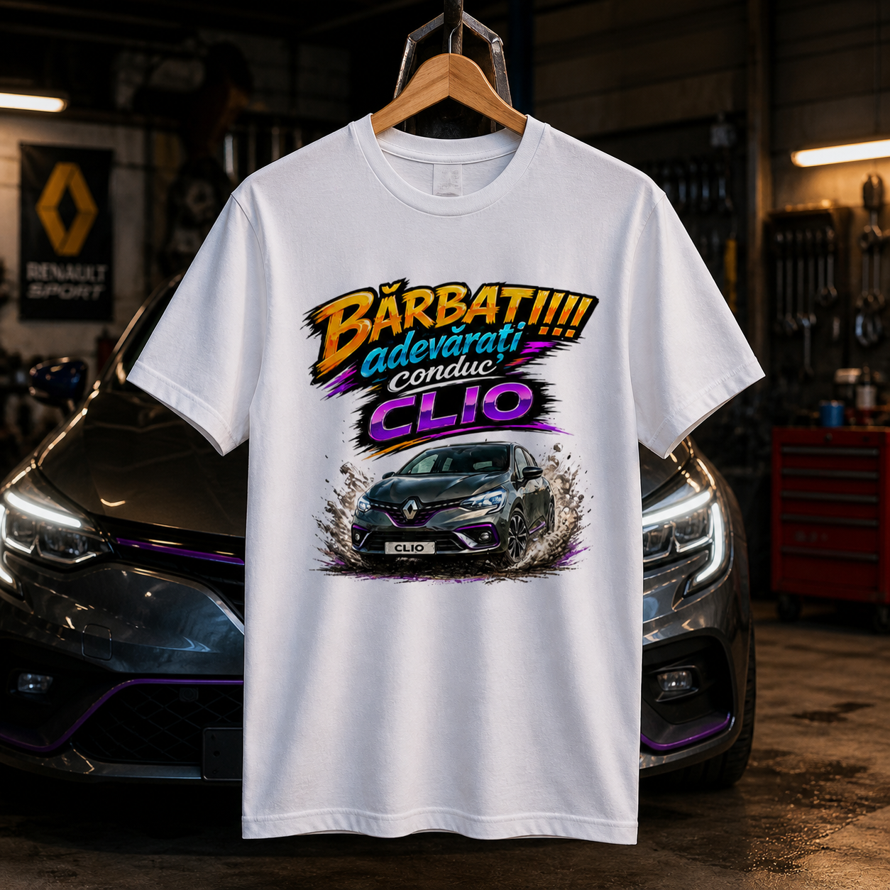 Tricou personalizat cu mesaj:"barbatii adevarati conduc clio", pasionati auto, bumbac 100%