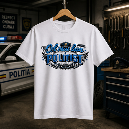 Tricou personalizat cu mesaj:"Cel mai bun politist", model albastru, bumbac 100%, alb