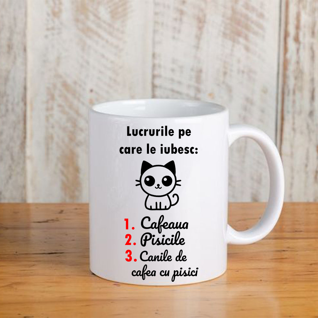 Cană cu mesaj: Lucrurile pe care le iubesc, ceramică, albă