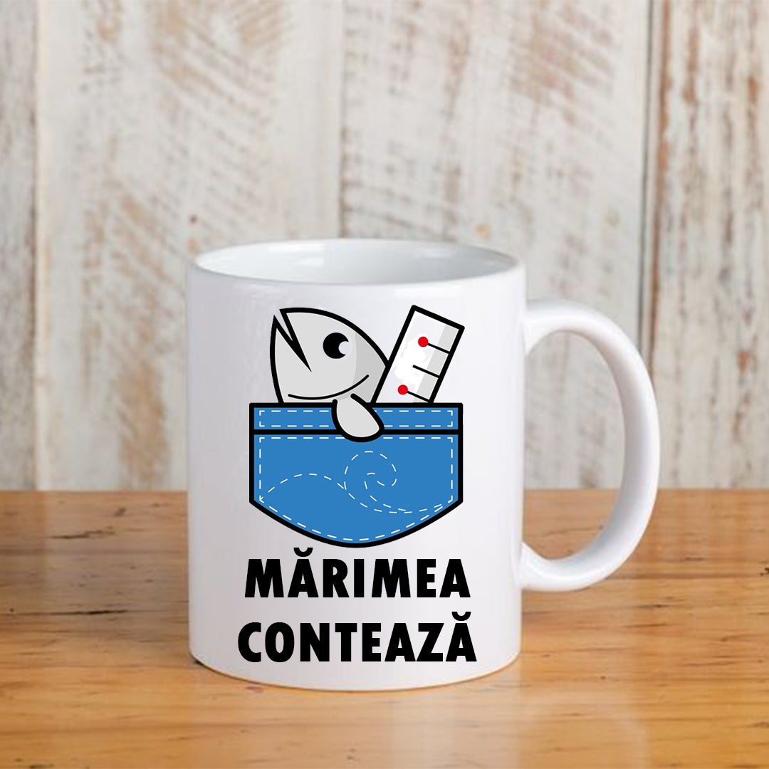 Cană cu mesaj amuzant: Mărimea contează, ceramică, albă