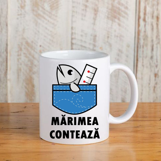 Cană cu mesaj amuzant: Mărimea contează, ceramică, albă