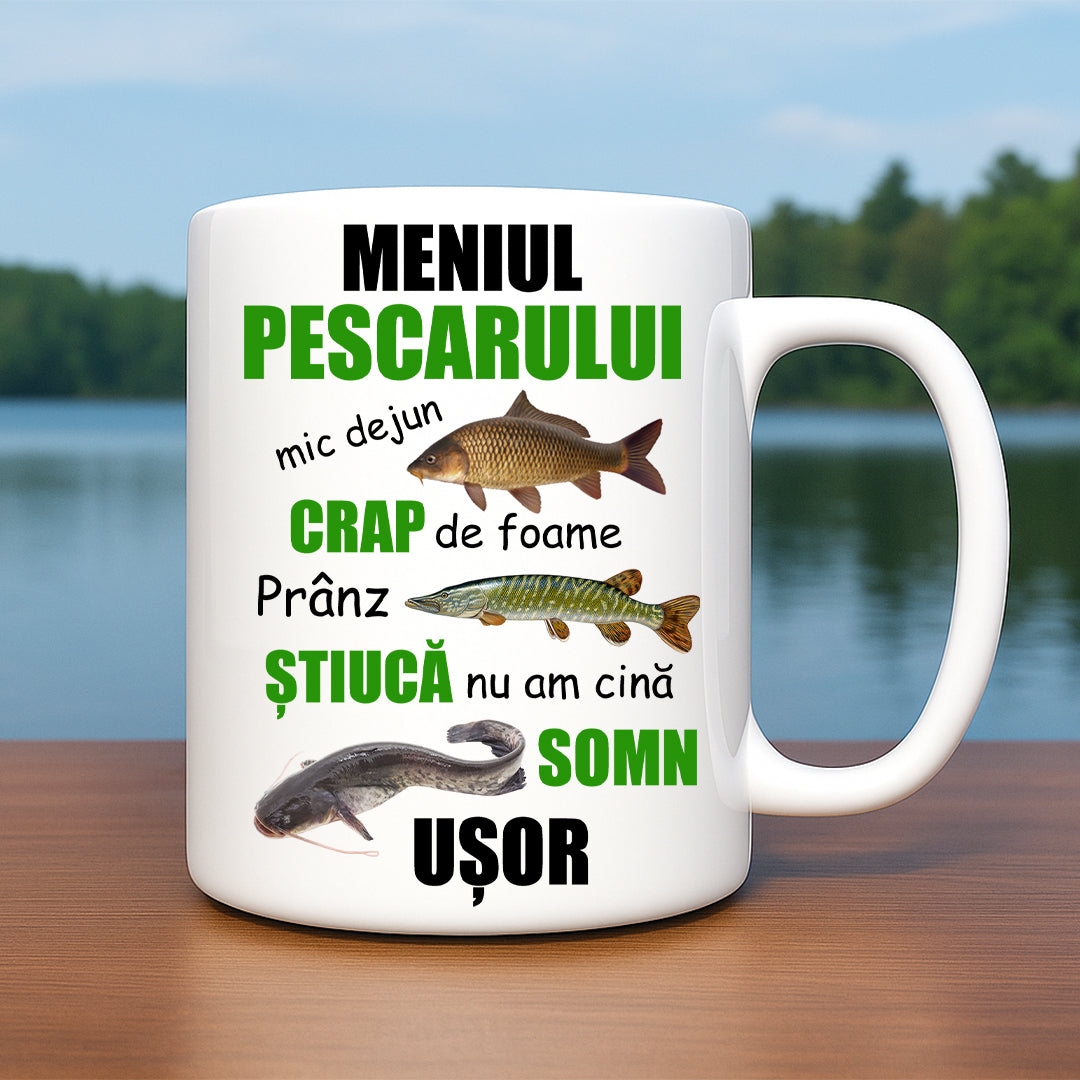 Cană pentru pescar cu mesaj: Meniul pescarului