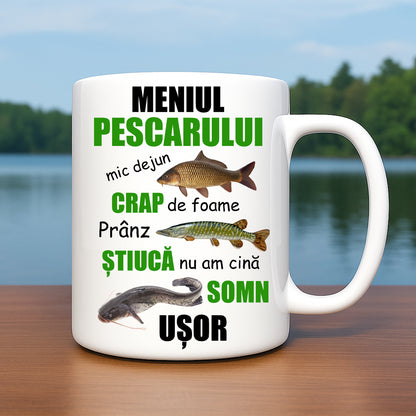 Cană pentru pescar cu mesaj: Meniul pescarului