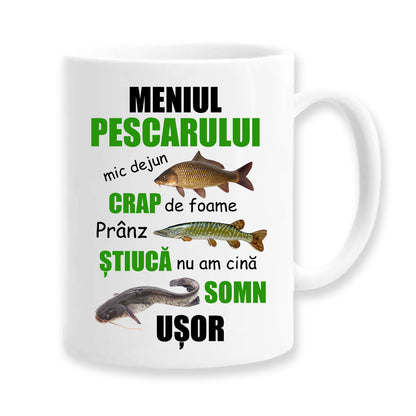 Cană pentru pescar cu mesaj: Meniul pescarului