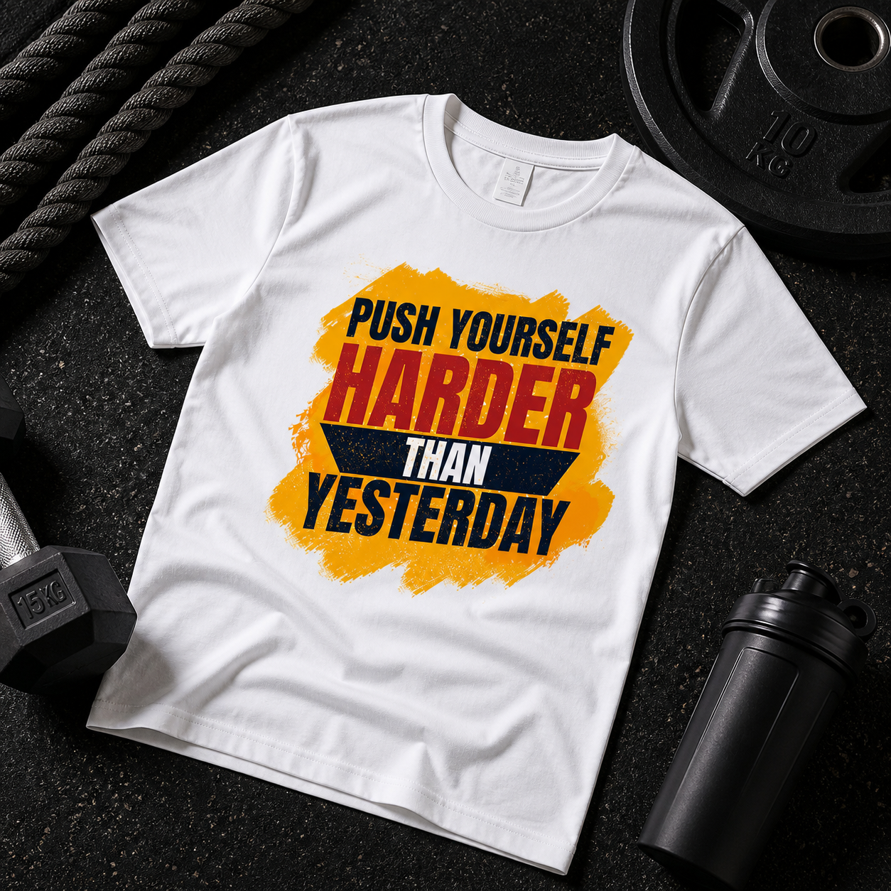 Tricou personalizat cu mesaj:"push yourself harder than yesterday", bumbac 100%