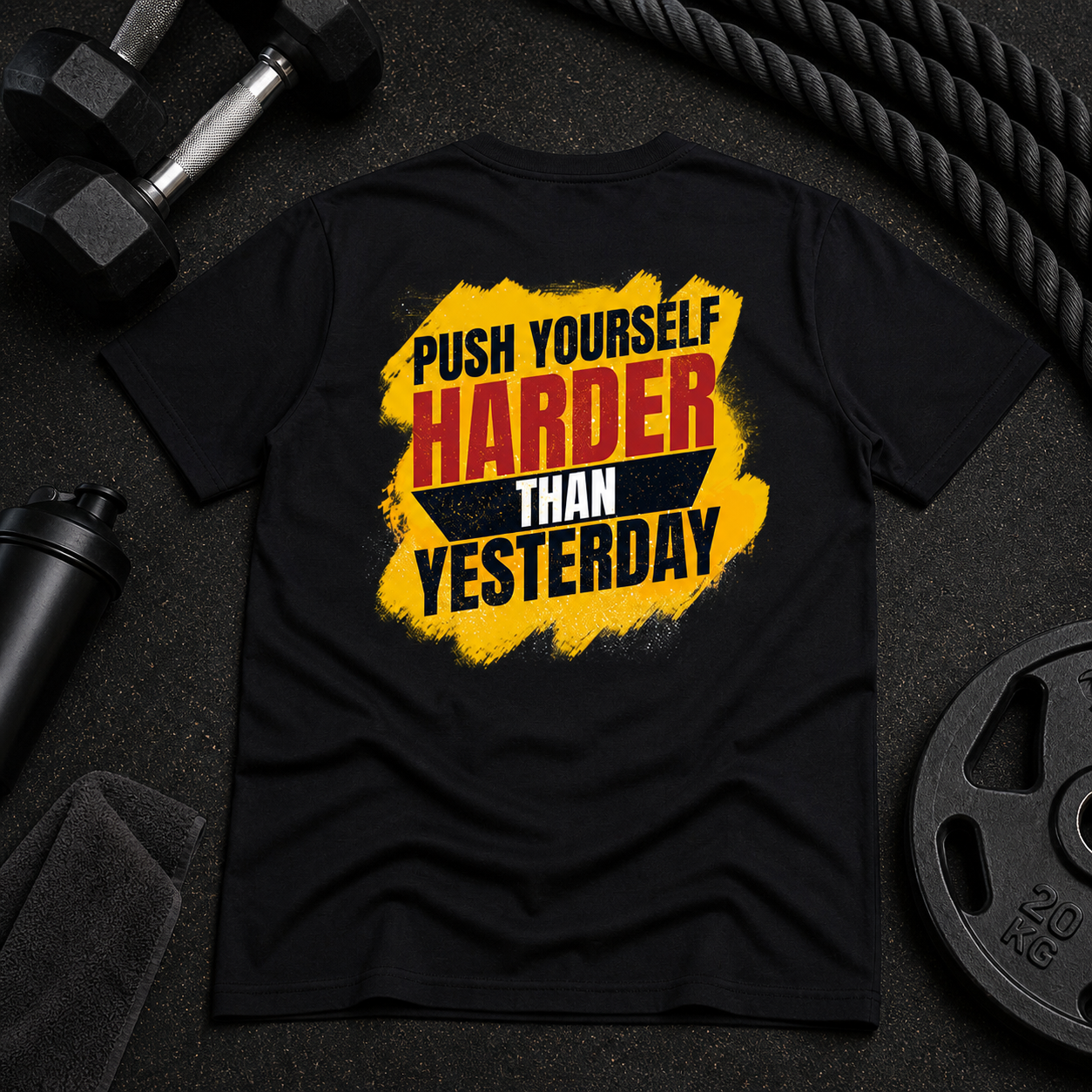Tricou personalizat cu mesaj:"push yourself harder than yesterday", bumbac 100%