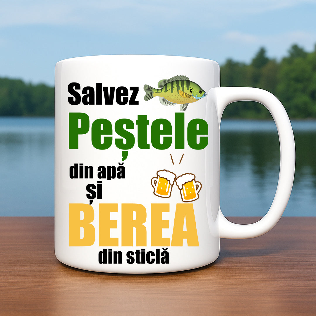 Cană pentru pescar cu mesaj: Salvez peștele din apă și berea din sticlă